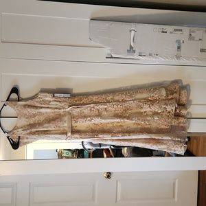 Tahari beige dress with blush and gold floral embroidery wedding guest dress